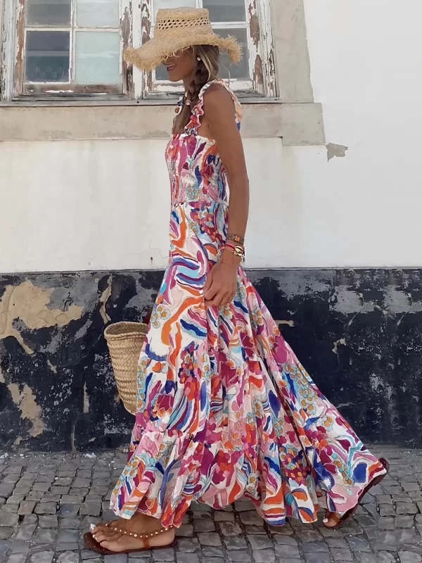 Smocked Printed Square Neck Sleeveless Dress - Image 14