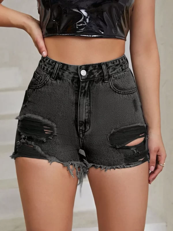 Distressed Raw Hem High Rise Denim Shorts - Image 9