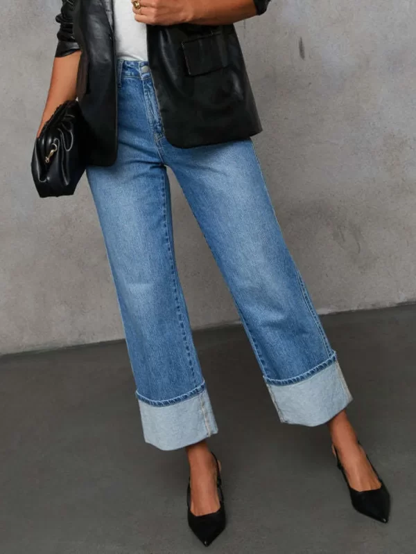 High Waisted Straight Leg Rolled Jeans - Image 14