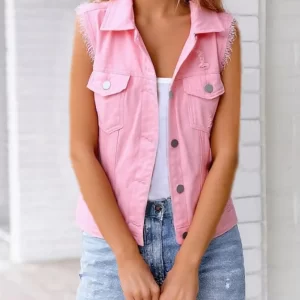 Full Size Button Down Raw Hem Sleeveless Denim Jacket Plus Size