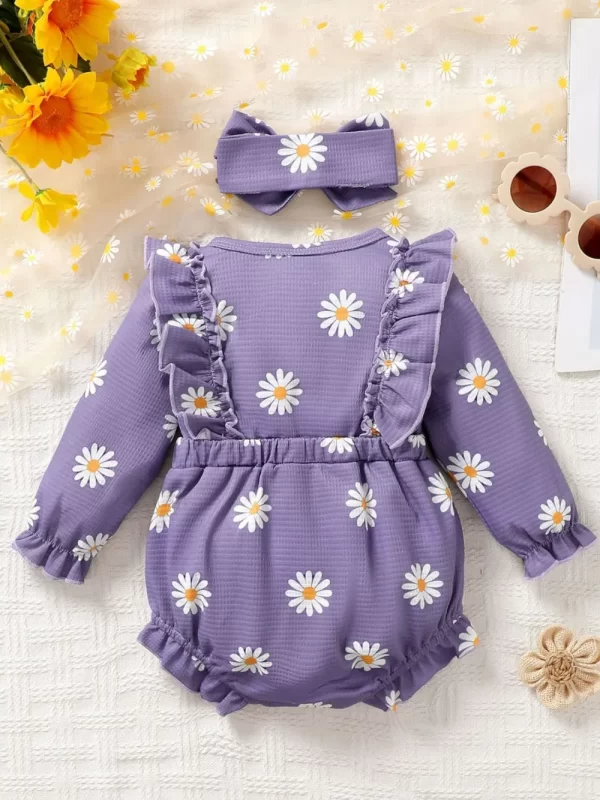 Children's Ruffled Round Neck Floral Romper with Headband - Image 9