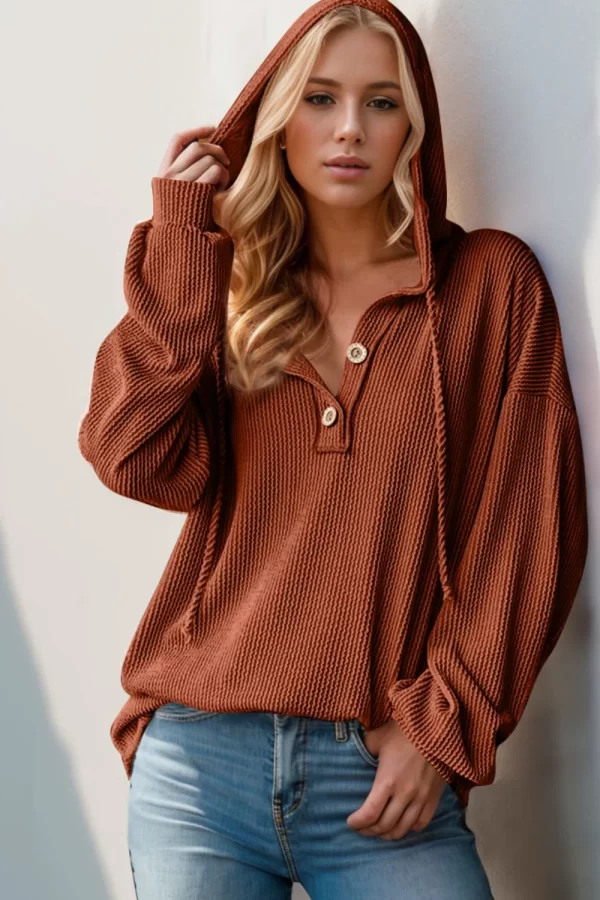 Double Take Full Size Half Button Long Sleeve Hoodie - Image 4