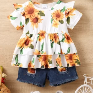 Children's Sunflower Ruffled Short Sleeve Top and Shorts Set