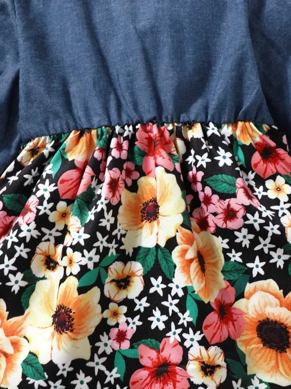 Children's Ruffled Bow Contrast Floral Dress with Headband - Image 4