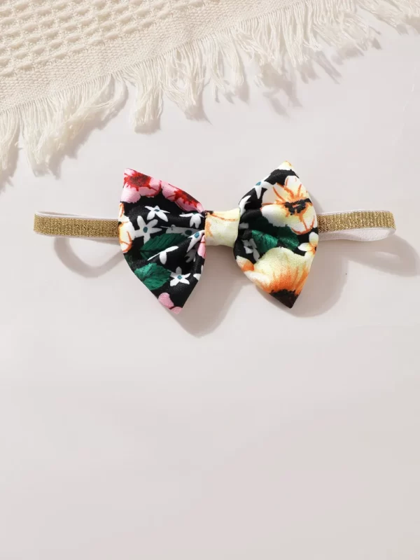 Children's Ruffled Bow Contrast Floral Dress with Headband - Image 7
