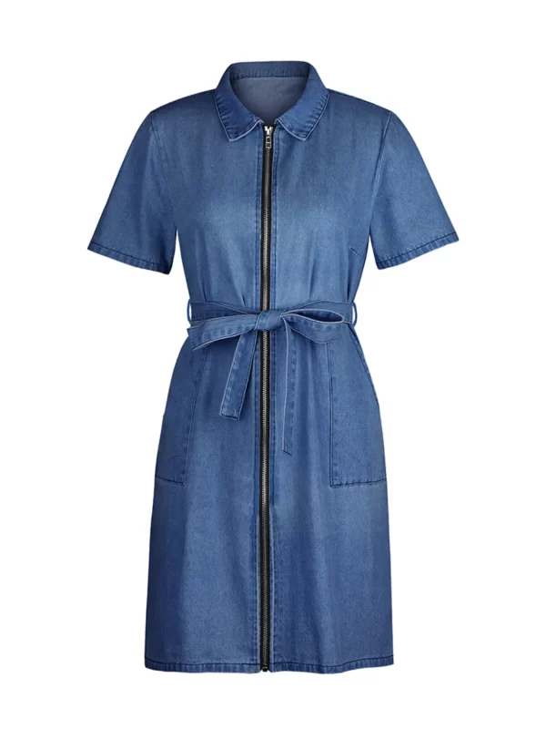 Full Size Zip Front Short Sleeve Denim Dress Plus Size - Image 6