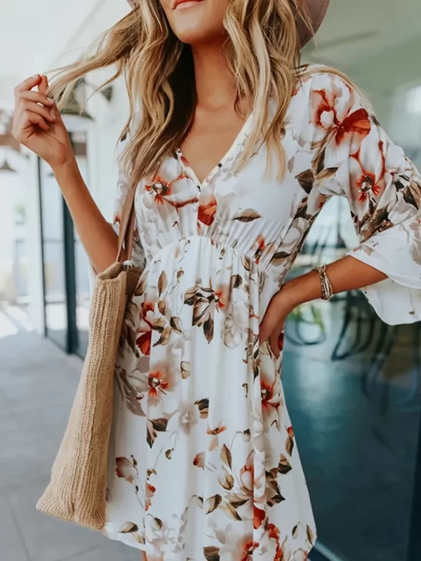Floral V-Neck Three-Quarter Sleeve Mini Dress - Image 3