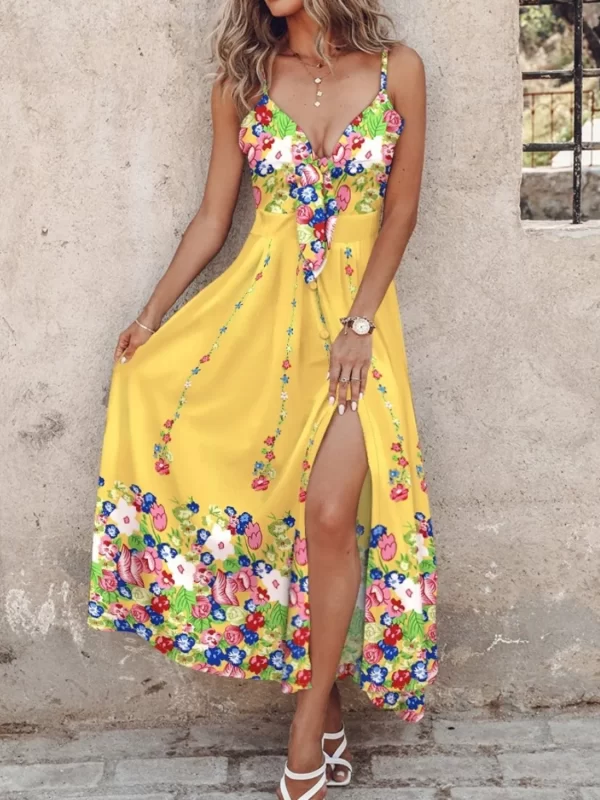 Feather Print Spaghetti Strap Split Dress - Image 7