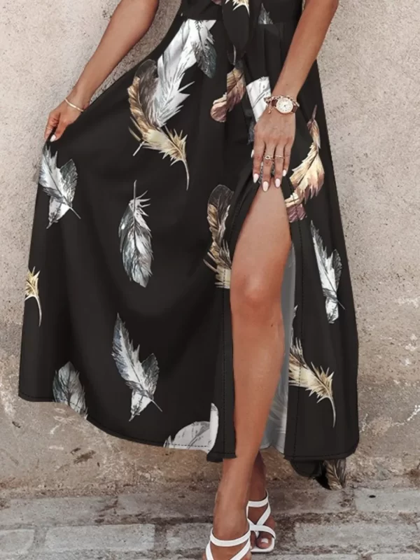 Feather Print Spaghetti Strap Split Dress - Image 11
