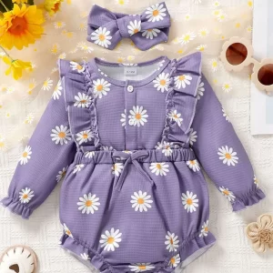 Children's Ruffled Round Neck Floral Romper with Headband