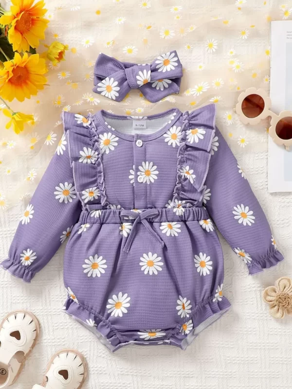 Children's Ruffled Round Neck Floral Romper with Headband
