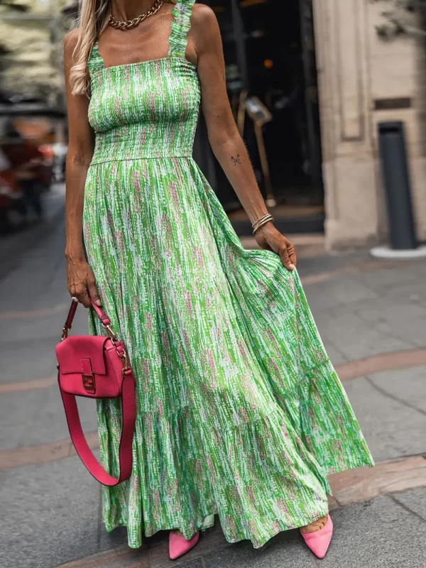 Smocked Printed Square Neck Sleeveless Dress - Image 10