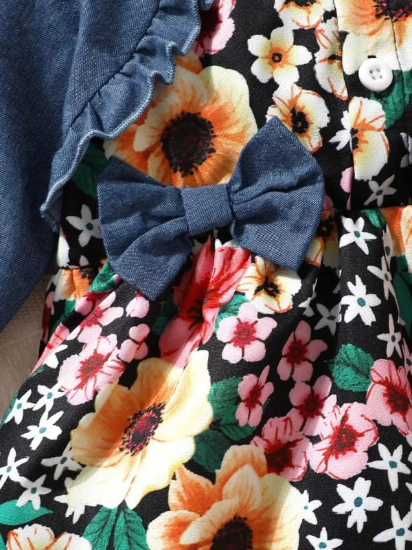 Children's Ruffled Bow Contrast Floral Dress with Headband - Image 6