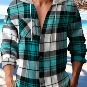 Men's Full Size Plaid Button Up Long Sleeve Hooded Top Plus Size