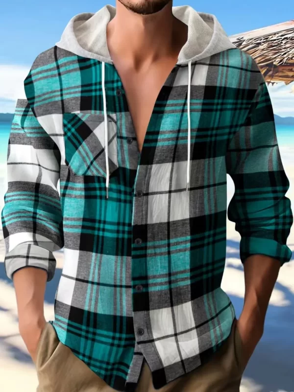 Men's Full Size Plaid Button Up Long Sleeve Hooded Top Plus Size