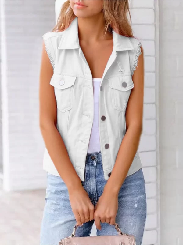 Full Size Button Down Raw Hem Sleeveless Denim Jacket Plus Size - Image 6