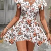Floral Print V-Neck Flutter Sleeve Mini Dress