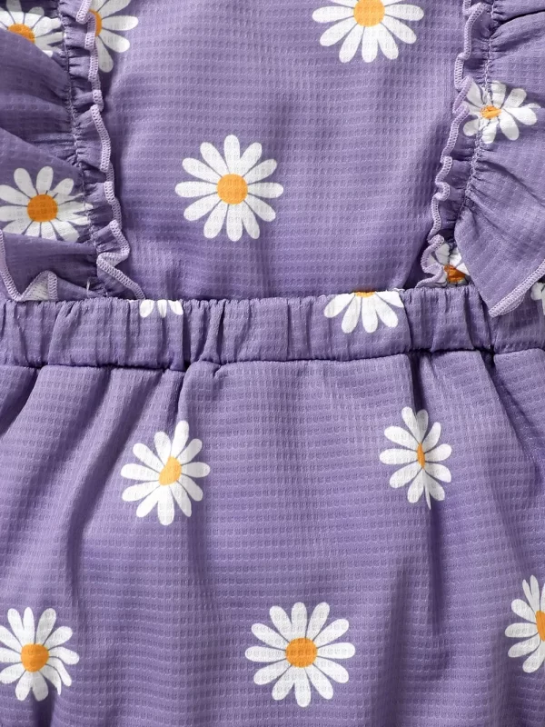 Children's Ruffled Round Neck Floral Romper with Headband - Image 5
