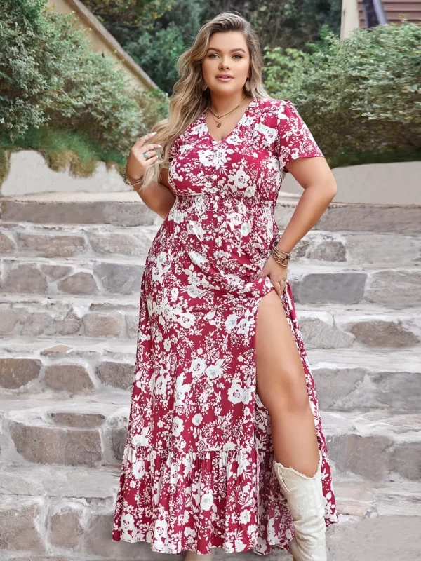 Plus Size Slit Printed V-Neck Maxi Dress - Image 6