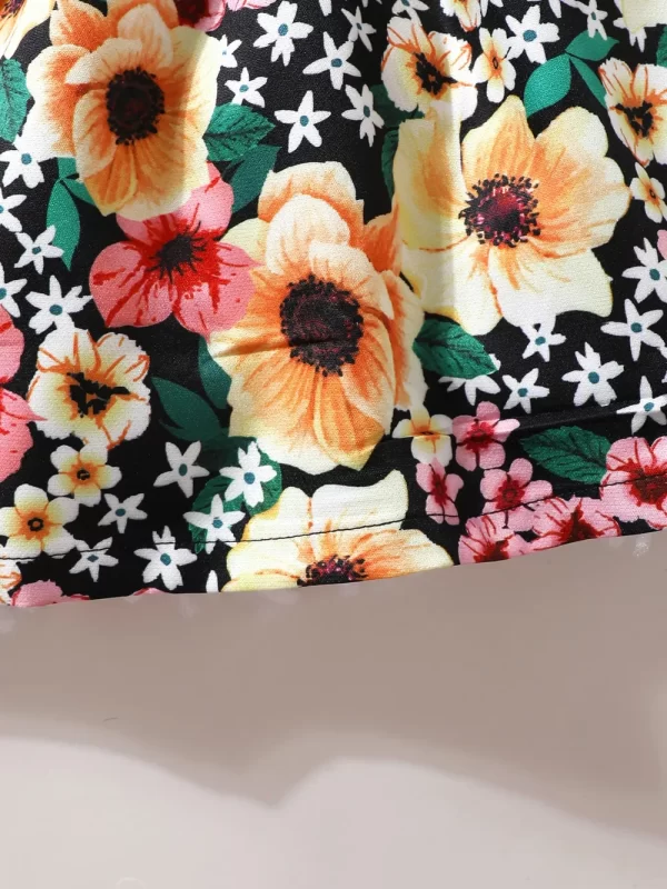 Children's Ruffled Bow Contrast Floral Dress with Headband - Image 3