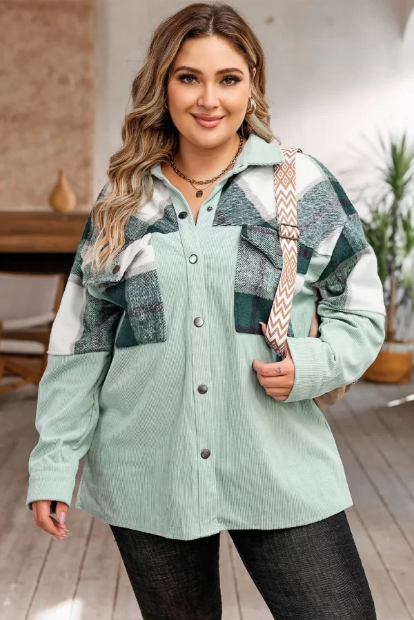 Plus Size Plaid Snap Down Jacket with Pockets - Image 8