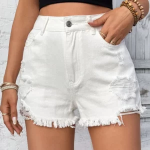 Distressed Raw Hem High Rise Denim Shorts