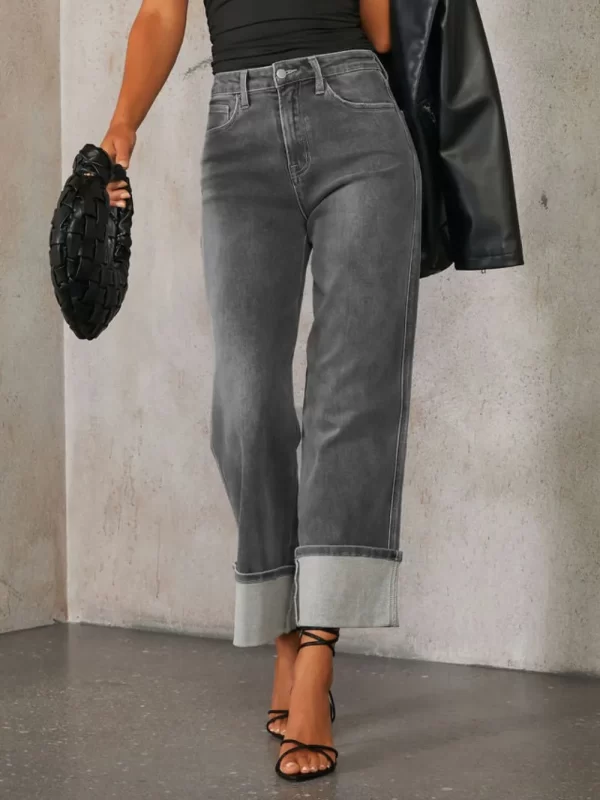 High Waisted Straight Leg Rolled Jeans - Image 12