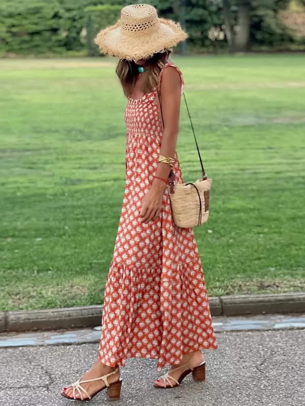 Smocked Printed Square Neck Sleeveless Dress - Image 17