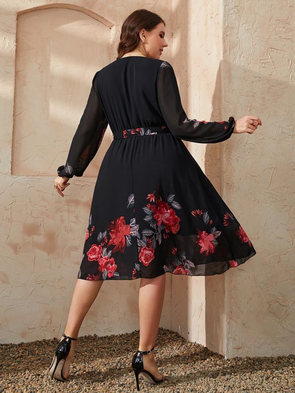 Honey Plus Size Floral Surplice Neck Tie Waist Dress - Image 3