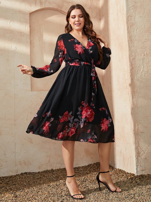 Honey Plus Size Floral Surplice Neck Tie Waist Dress - Image 5