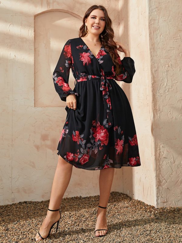 Honey Plus Size Floral Surplice Neck Tie Waist Dress - Image 6