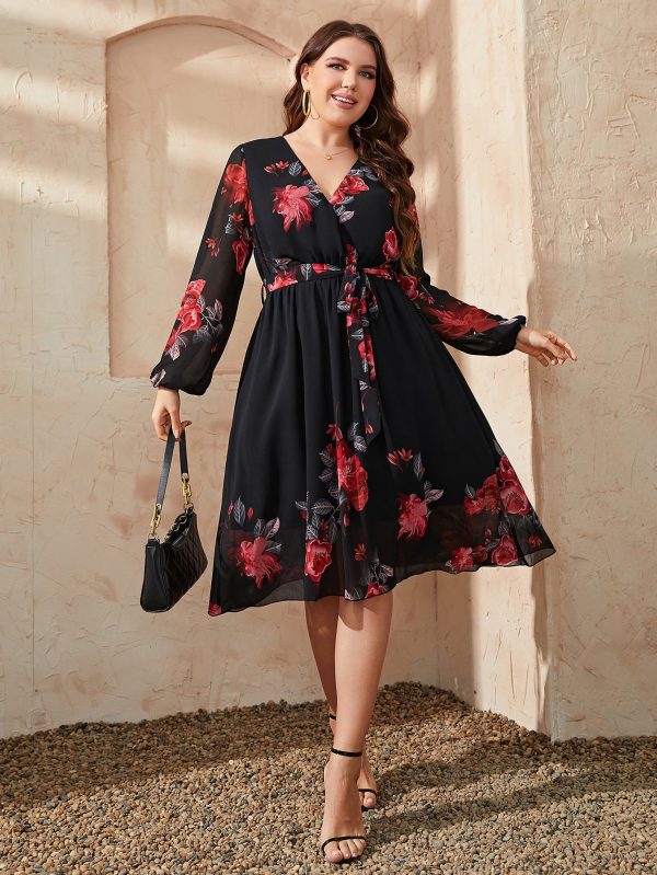 Honey Plus Size Floral Surplice Neck Tie Waist Dress - Image 4