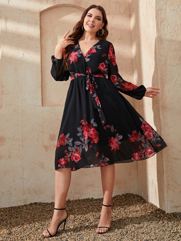 Honey Plus Size Floral Surplice Neck Tie Waist Dress - Image 2