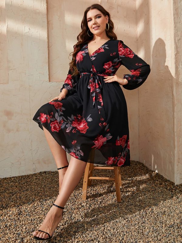 Honey Plus Size Floral Surplice Neck Tie Waist Dress - Image 7
