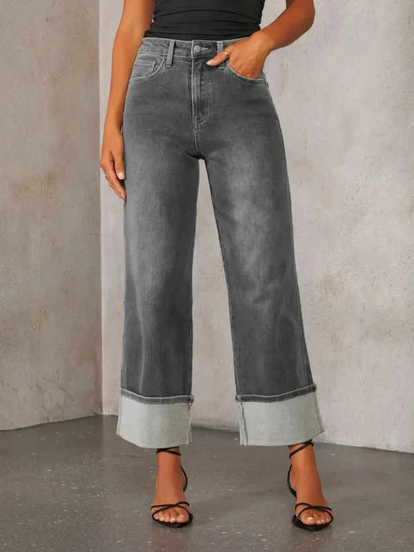 High Waisted Straight Leg Rolled Jeans - Image 11