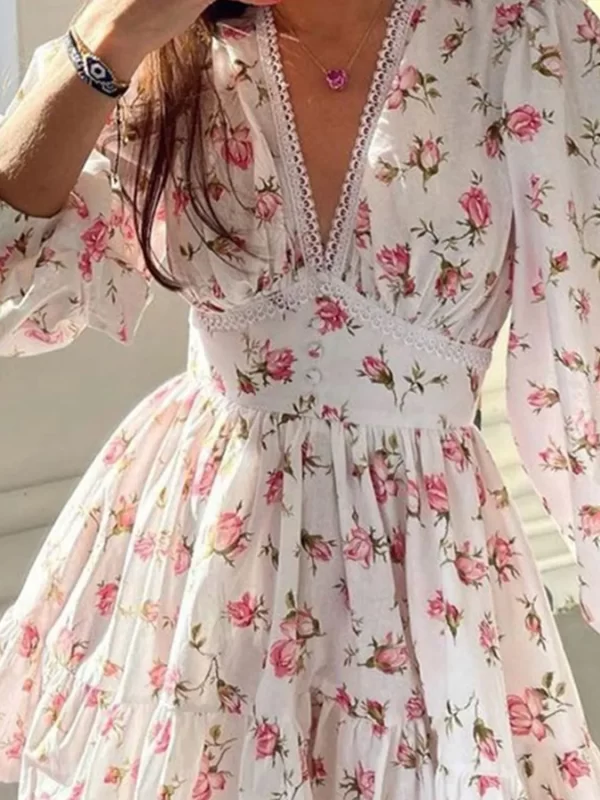 Lace Detail V-Neck Balloon Sleeve Dress - Image 9