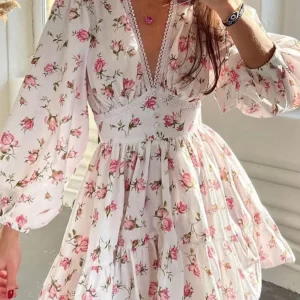 Lace Detail V-Neck Balloon Sleeve Dress
