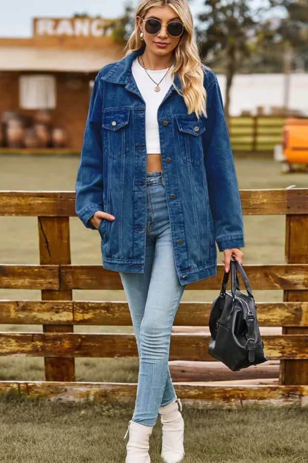 Buttoned Collared Neck Denim Jacket with Pockets - Image 2