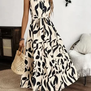 Printed Tie Waist Sleeveless Maxi Dress