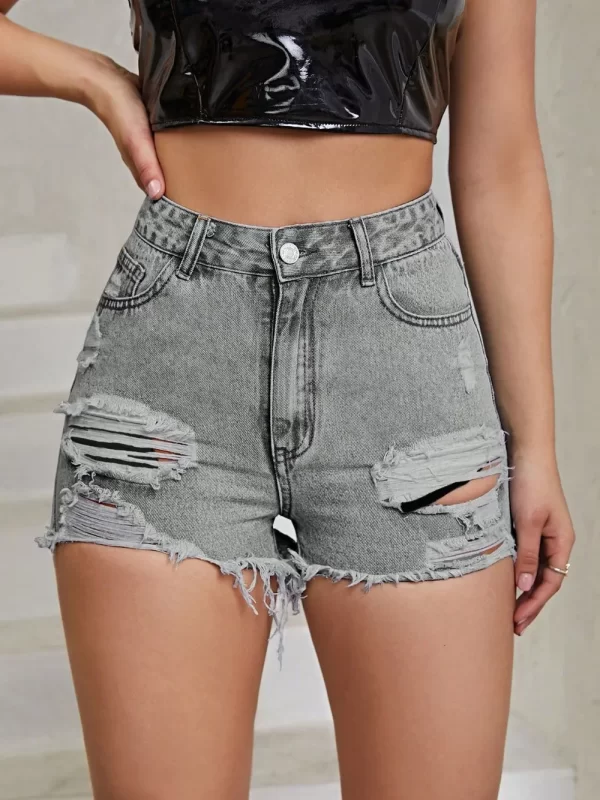 Distressed Raw Hem High Rise Denim Shorts - Image 5
