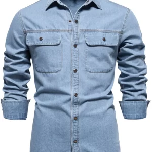 Men's Collared Neck Denim Shirt with Chest Pockets