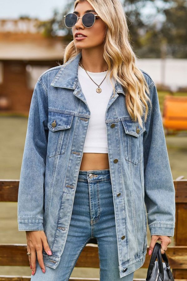 Buttoned Collared Neck Denim Jacket with Pockets - Image 14