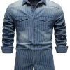 Men's Striped Collared Neck Button Down Denim Shirt