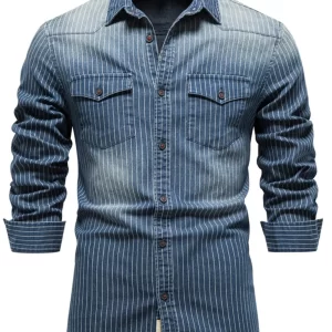 Men's Striped Collared Neck Button Down Denim Shirt