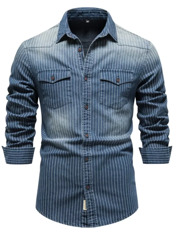 Men's Striped Collared Neck Button Down Denim Shirt