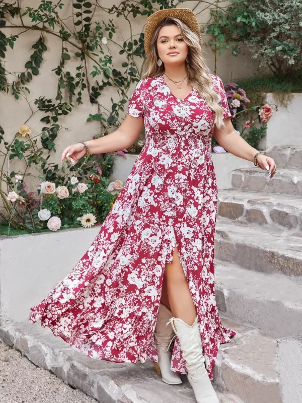 Plus Size Slit Printed V-Neck Maxi Dress - Image 3