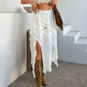 Devine Slit Drawstring Ruffled Skirt