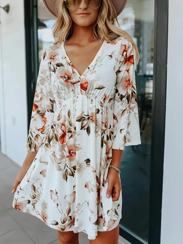 Floral V-Neck Three-Quarter Sleeve Mini Dress - Image 2