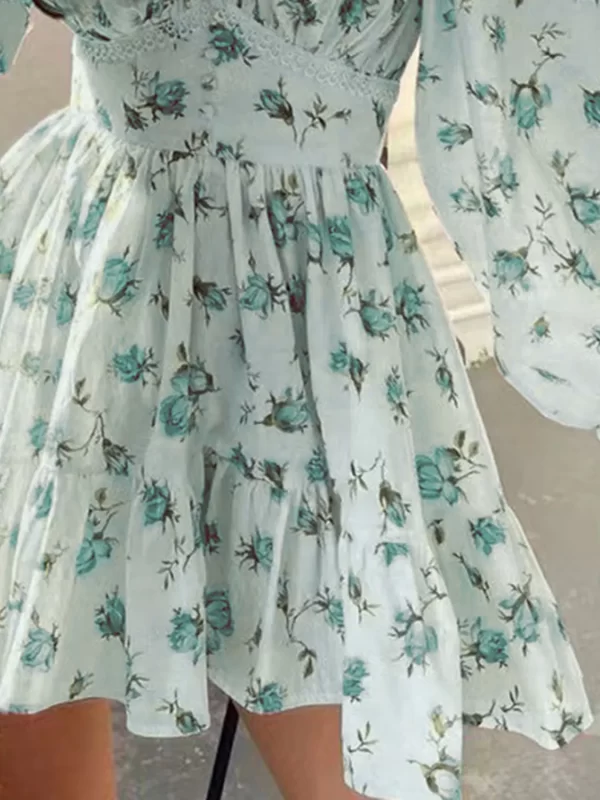 Lace Detail V-Neck Balloon Sleeve Dress - Image 5
