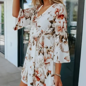 Floral V-Neck Three-Quarter Sleeve Mini Dress